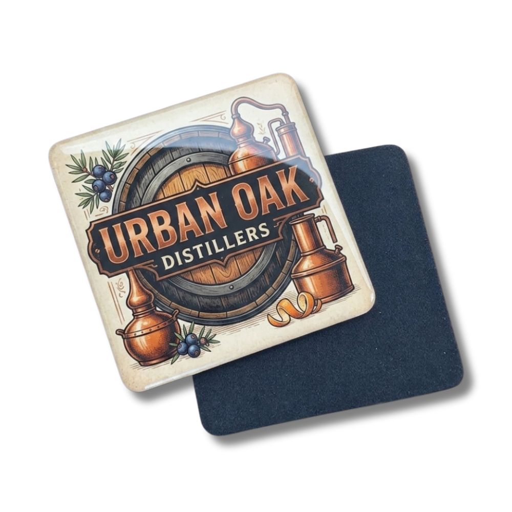 custom-resin-coaster-distillery-branding Custom resin coaster with glossy epoxy finish for branded distillery merchandise