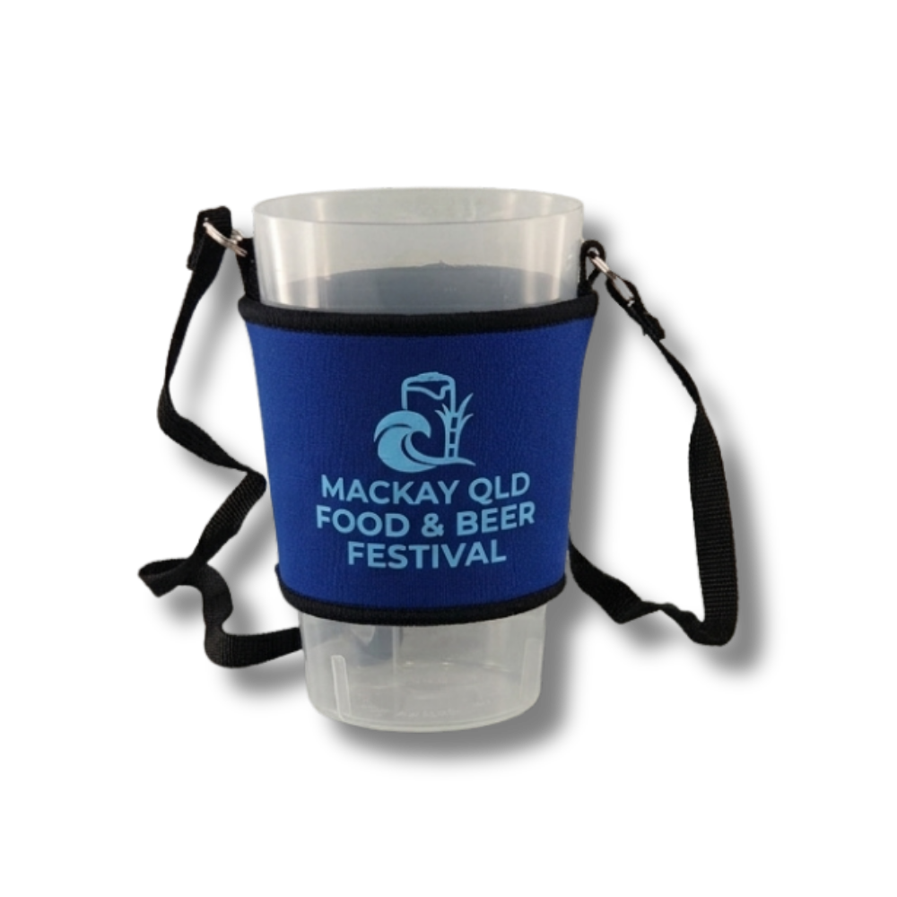 blue-neoprene-drink-holder-lanyard-mackay-beer-festival Blue neoprene drink holder with shoulder lanyard and light blue Mackay QLD Food and Beer Festival logo.