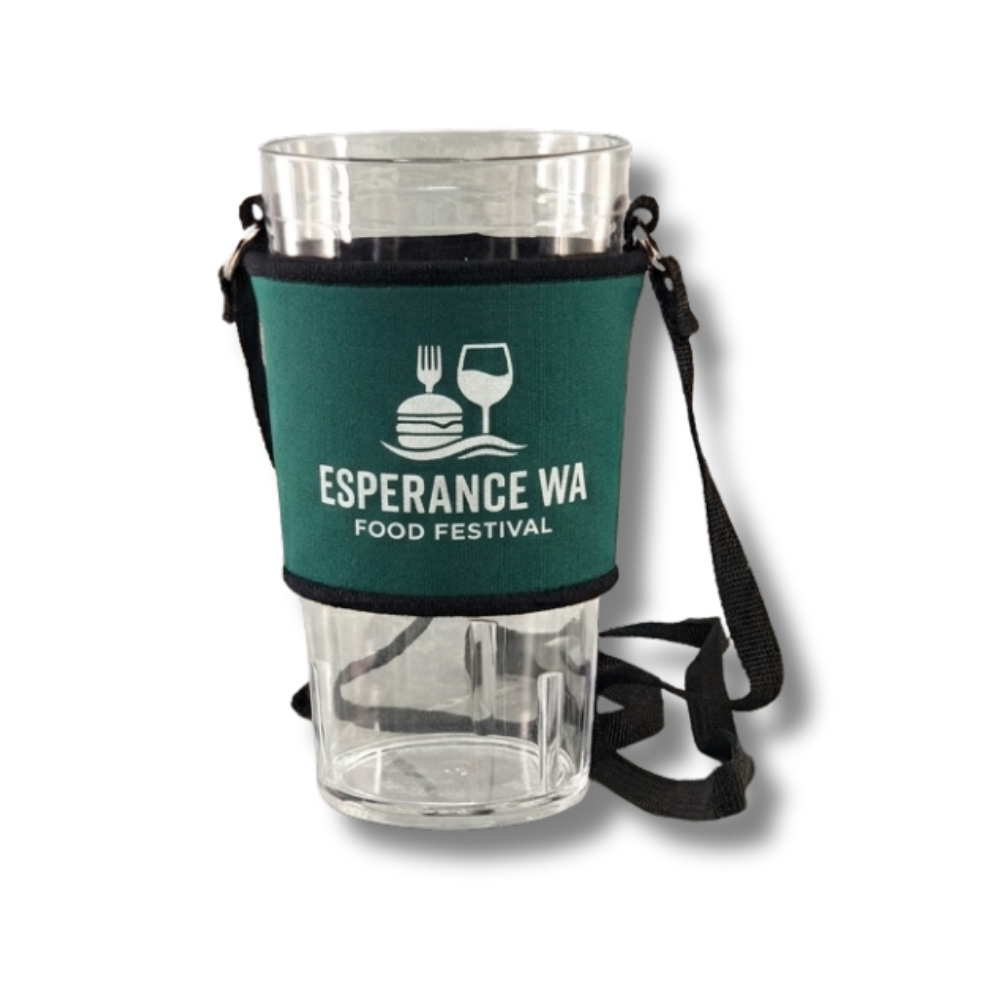 custom-neoprene-glass-holder-esperance-food-festival Green neoprene glass holder with shoulder lanyard and white Esperance WA Food Festival logo on a clear drinking cup.