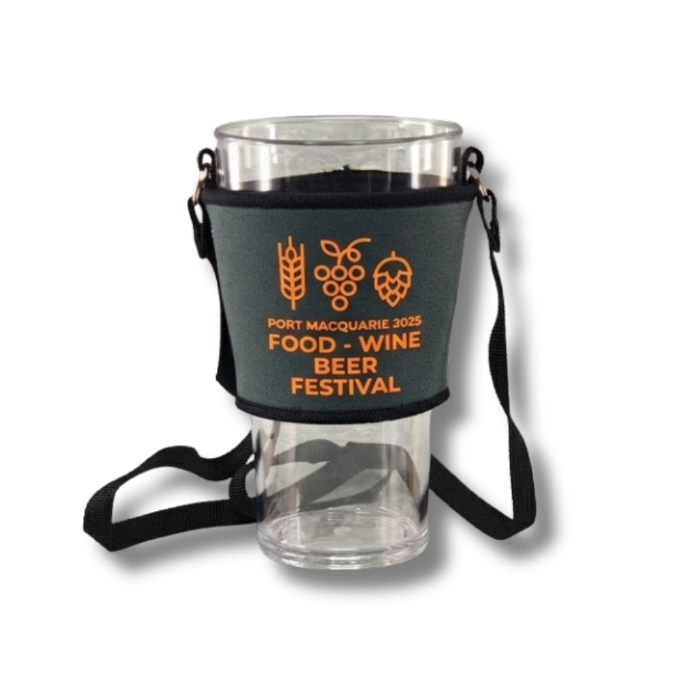neoprene-lanyard-cup-holder-port-macquarie-festival Custom printed neoprene lanyard cup holder with orange Port Macquarie Food Wine Beer Festival logo and shoulder strap.