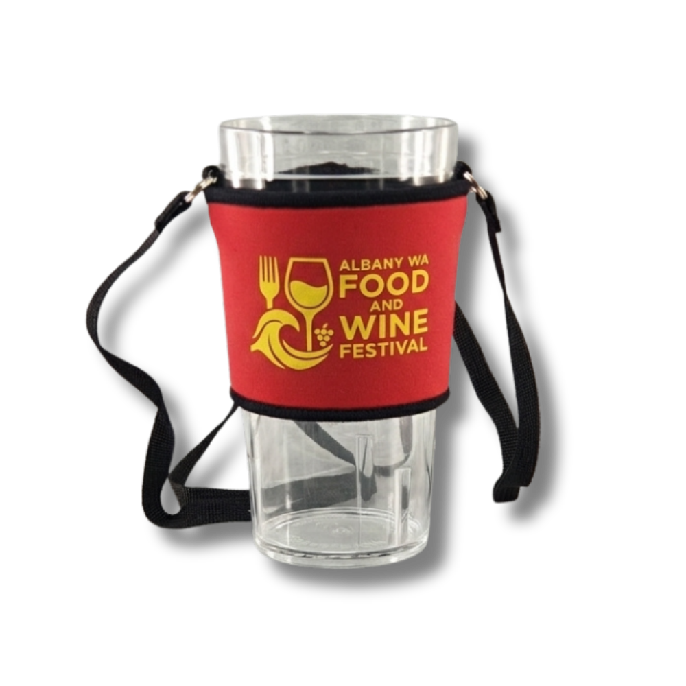printed-neoprene-cup-lanyard-albany-food-wine-festival Red neoprene cup holder with black shoulder strap and yellow Albany WA Food and Wine Festival logo.