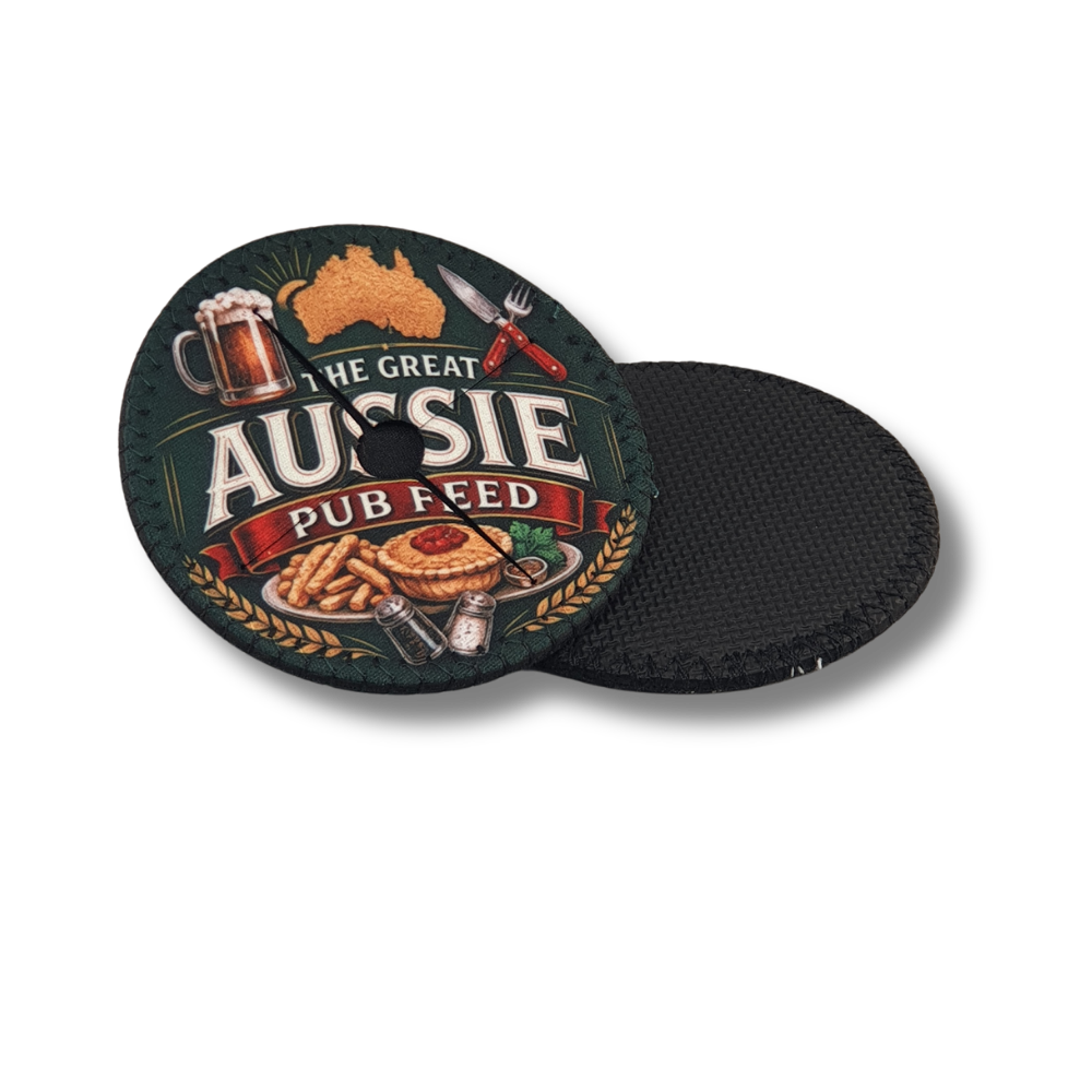 promotional-neoprene-wine-glass-shoe-drink-coaster-aussie-pub Full-colour printed neoprene wine glass shoe coaster featuring The Great Aussie Pub Feed design with beer, food and Australian graphics.